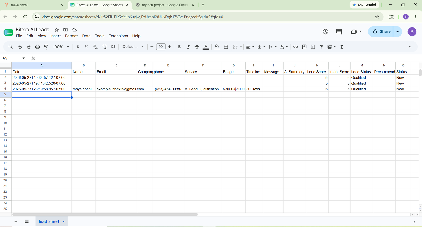 Google Sheets lead log